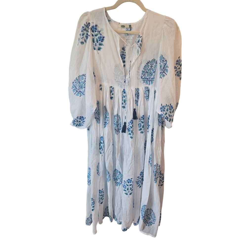 Dolma Mylah Midi Dress Cover Up Block Print White Blue Floral Coastal Boho Large